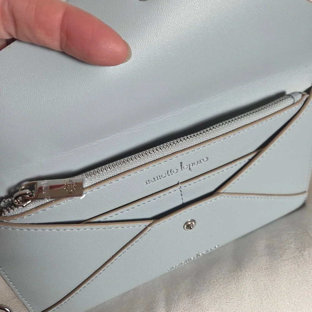 Nanette Lepore Pale Blue Envelope Wristlet Wallet Snap Closure Faux Leather Chic